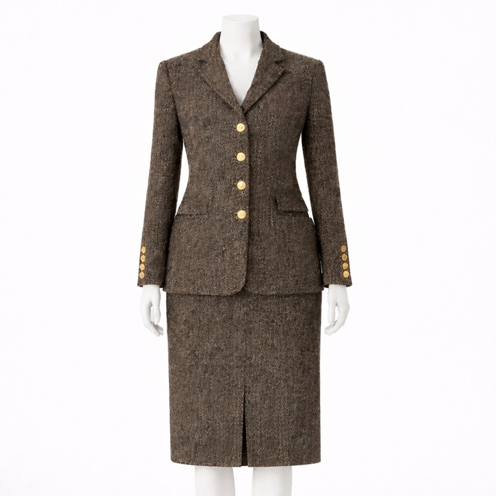 Salvatore Ferragamo Vintage Brown Tweed Skirt Suit Wool Italy IT 44 Size 6 / 8 - Picture 11 of 13